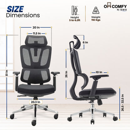 Havai AeroFlex High Back Office Chair | Ergonomic High Back Mesh | Adjustable Headrest | Lumbar Support | Reclining Function | Height Adjustable | 2D Adjustable Armrests | Comfortable Cushioned Seat | Chrome Five-Star Base | Smooth Rolling Casters | Black