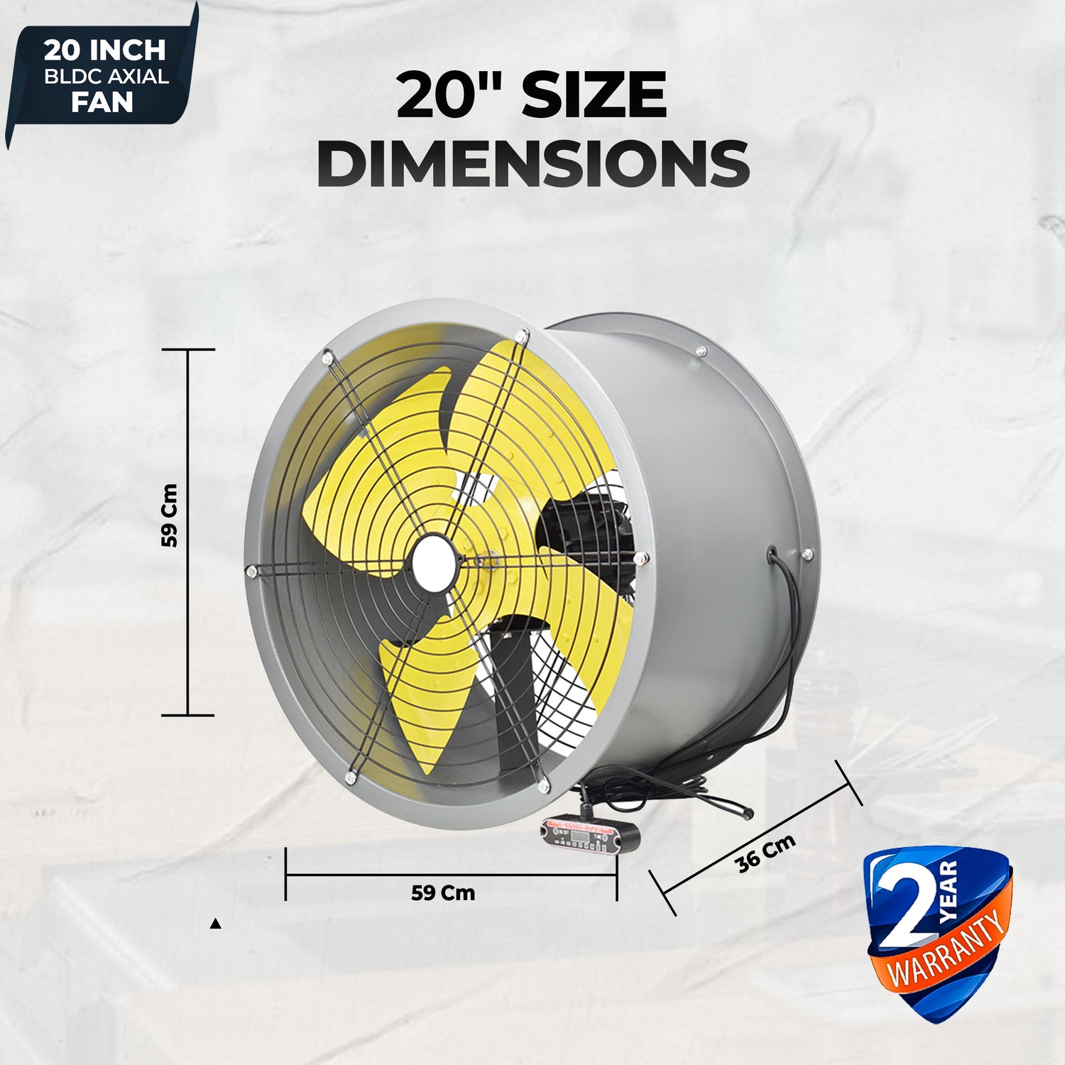 20-Inch Heavy Duty BLDC Axial Fan | Maintenance-Free BLDC Motor | 4-Leaf 2mm Aluminium Blades | 9-Speed Digital Controller | 600–13,000 m³/hr | 35W–350W | 2-Year Warranty