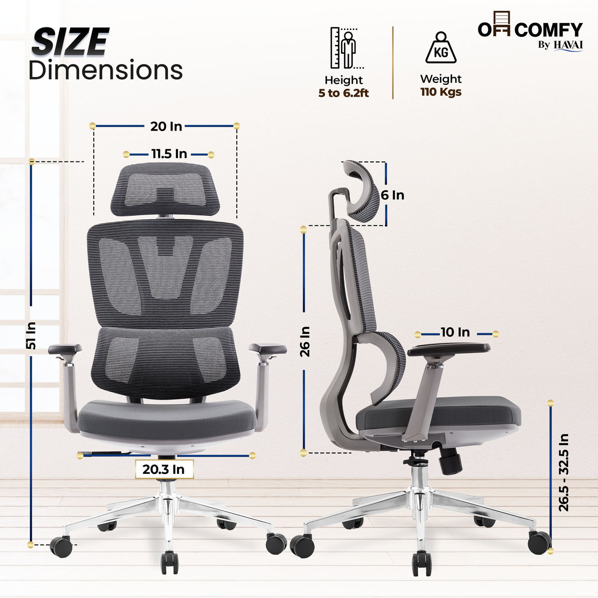 Havai AeroFlex High Back Office Chair | Ergonomic High Back Mesh | Adjustable Headrest | Lumbar Support | Reclining Function | Height Adjustable | 2D Adjustable Armrests | Comfortable Cushioned Seat | Chrome Five-Star Base | Smooth Rolling Casters | Grey