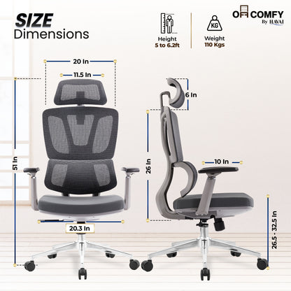 Havai AeroFlex High Back Office Chair | Ergonomic High Back Mesh | Adjustable Headrest | Lumbar Support | Reclining Function | Height Adjustable | 2D Adjustable Armrests | Comfortable Cushioned Seat | Chrome Five-Star Base | Smooth Rolling Casters | Grey