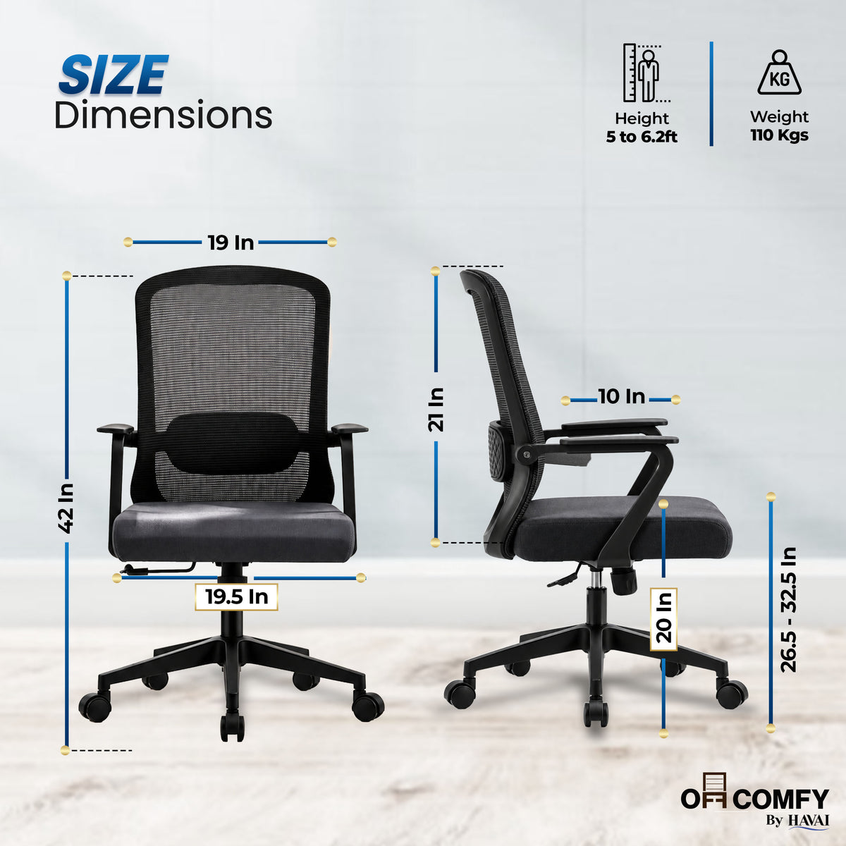 Havai Flexa Mid Back Executive Office Chair | Ergonomic Mesh - Black