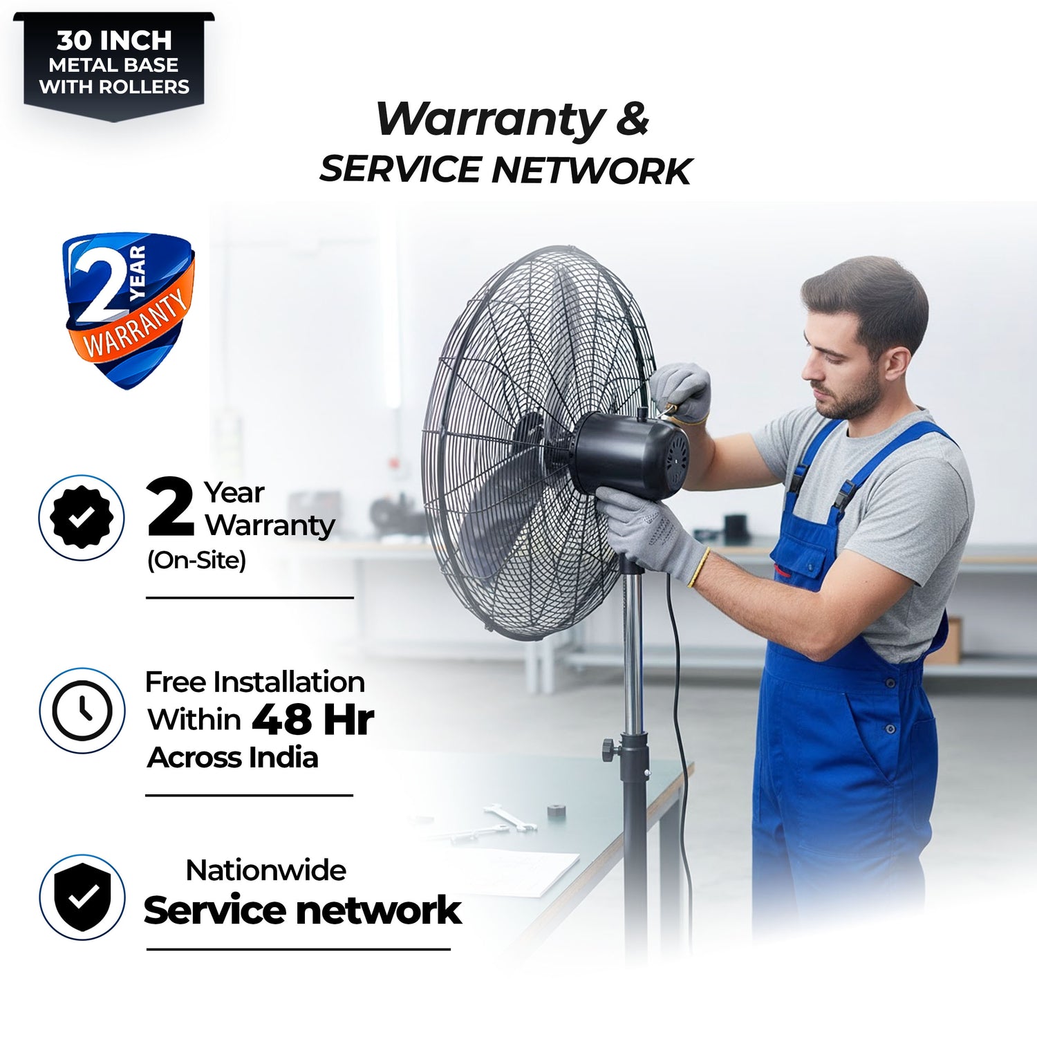 HAVAI 30-Inch Commercial BLDC Pedestal Fan (30–135W) | 2mm Aluminium Blades | Heavy-Duty Metal Base with 4 Lockable Industrial Wheels | High Air Delivery | Fingerproof Safety | 2-Year On-Site Warranty