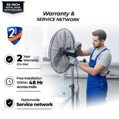 HAVAI 30-Inch Commercial BLDC Pedestal Fan (30–135W) | 2mm Aluminium Blades | Heavy-Duty Metal Base with 4 Lockable Industrial Wheels | High Air Delivery | Fingerproof Safety | 2-Year On-Site Warranty