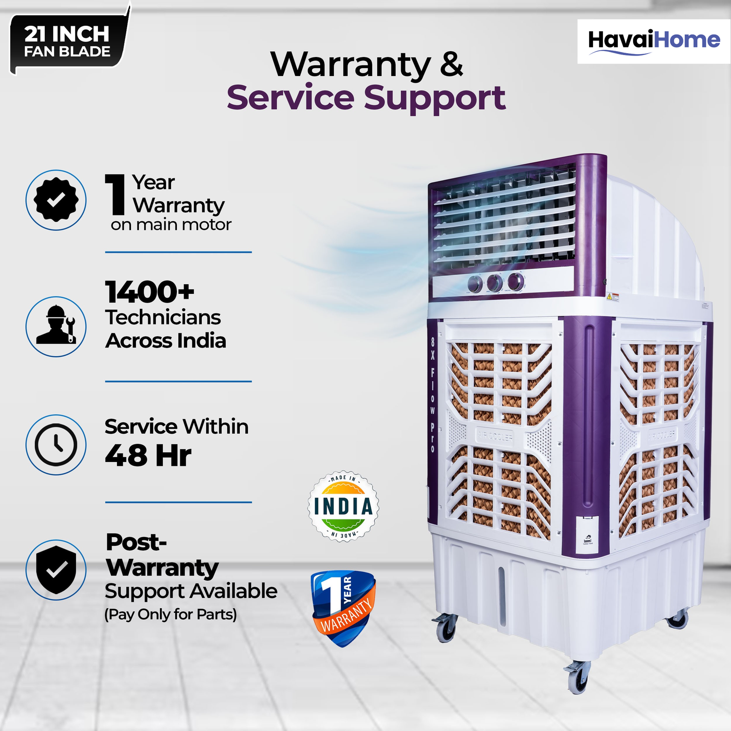 HAVAI 8X Flo Pro Plastic Body Duct Air Cooler | 100L Tank | 21” 4-Leaf Fan | 8500 m³/hr Airflow | 30 ft Air Throw | Double Ball Bearing Motor | 4-Side Honeycomb Cooling