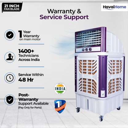 HAVAI 8X Flo Pro Plastic Body Duct Air Cooler | 100L Tank | 21” 4-Leaf Fan | 8500 m³/hr Airflow | 30 ft Air Throw | Double Ball Bearing Motor | 4-Side Honeycomb Cooling