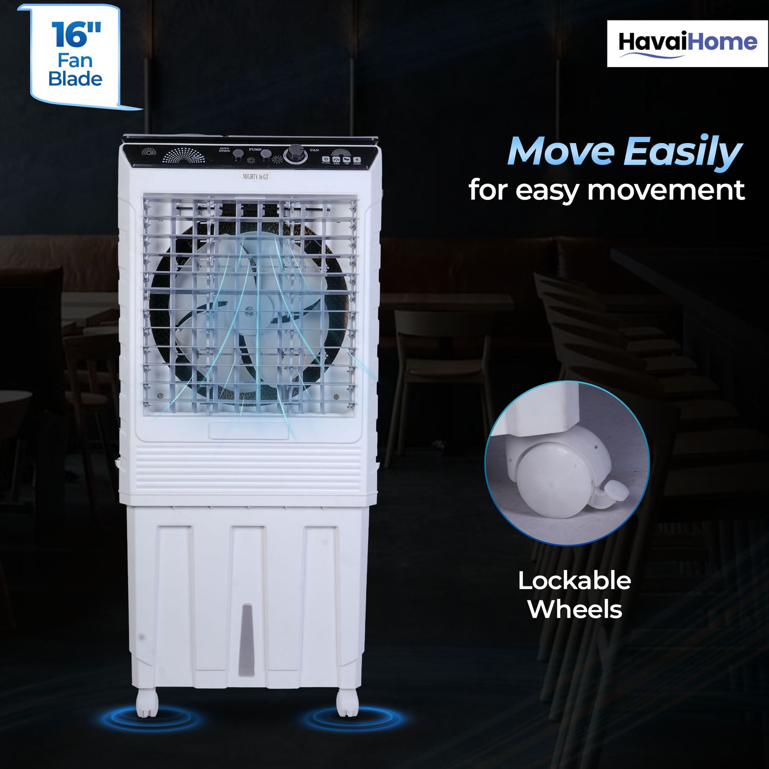 HAVAI Mighty 16 GT Glass Top Desert Air Cooler for Home &amp; Commercial Use | 16 Inch Fan, 100L Tank, 5190 m³/hr Air Delivery | 350 Sq Ft Coverage | Honeycomb Pads, Aluminium Motor, Low Noise | White &amp; Grey