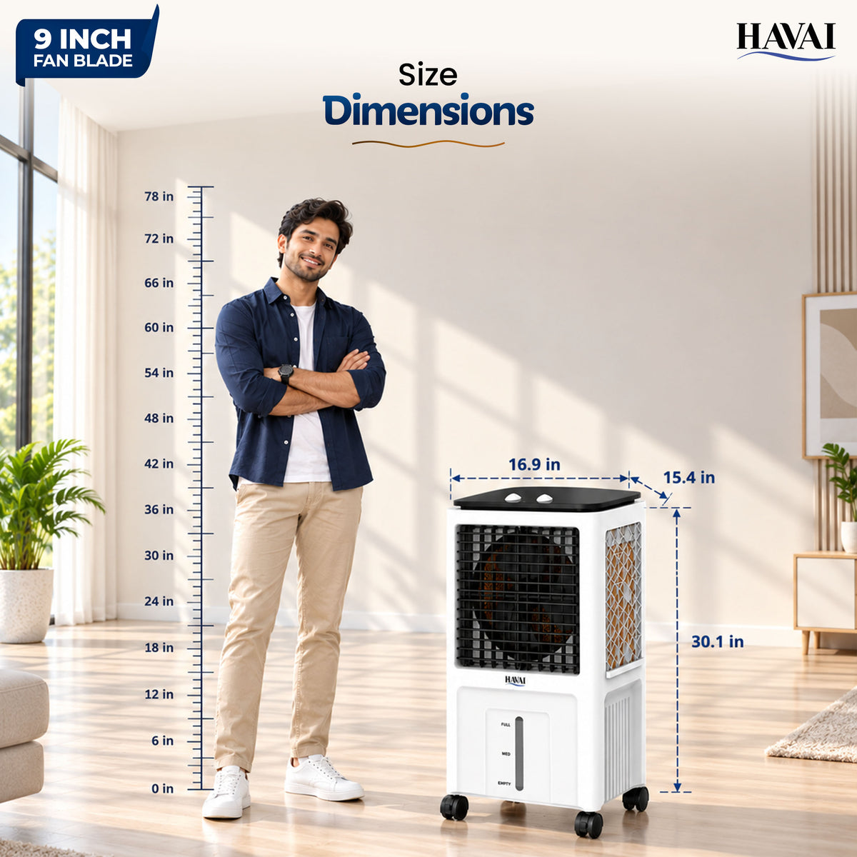 Havai Elite 9 Personal Air Cooler, 35L Tank, 3-Side Honeycomb, Glass Top 9-inch blade, 1800 CMH, 5-ft air throw, 75W power
