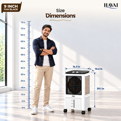 Havai Elite 9 Mini Personal Air Cooler, 15L Tank, 2600 RPM, 1800 CMH, 5-ft air throw, 3-side honeycomb pads, glass top, lockable wheels