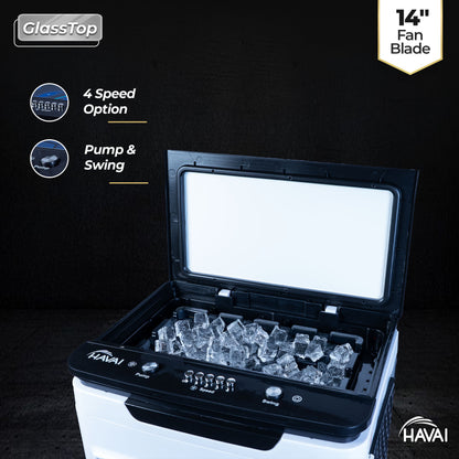 HAVAI Premium Glass Top GT 14 Air Cooler | 60L Tank Capacity | 14&quot; Fan Blade | 170W Power | 20ft Air Throw | 3-Side Honeycomb Cooling | Sleek Glass Top Design | 4 Castor Wheels
