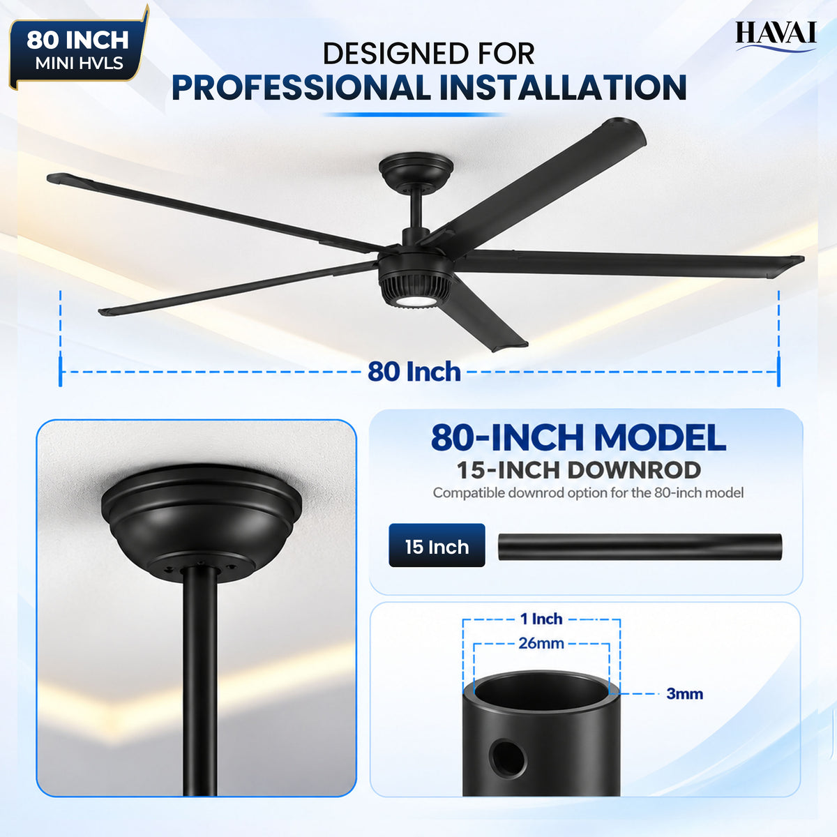 Havai Mini HVLS BLDC Ceiling Fan 80 Inch, 6500 CFM Commercial 95W BLDC Motor, 6,500 CFM Air Volume, 130 RPM, 850 Sq. Ft. Coverage, 5 Aluminium Blades, 18W 3-Colour Light, Remote