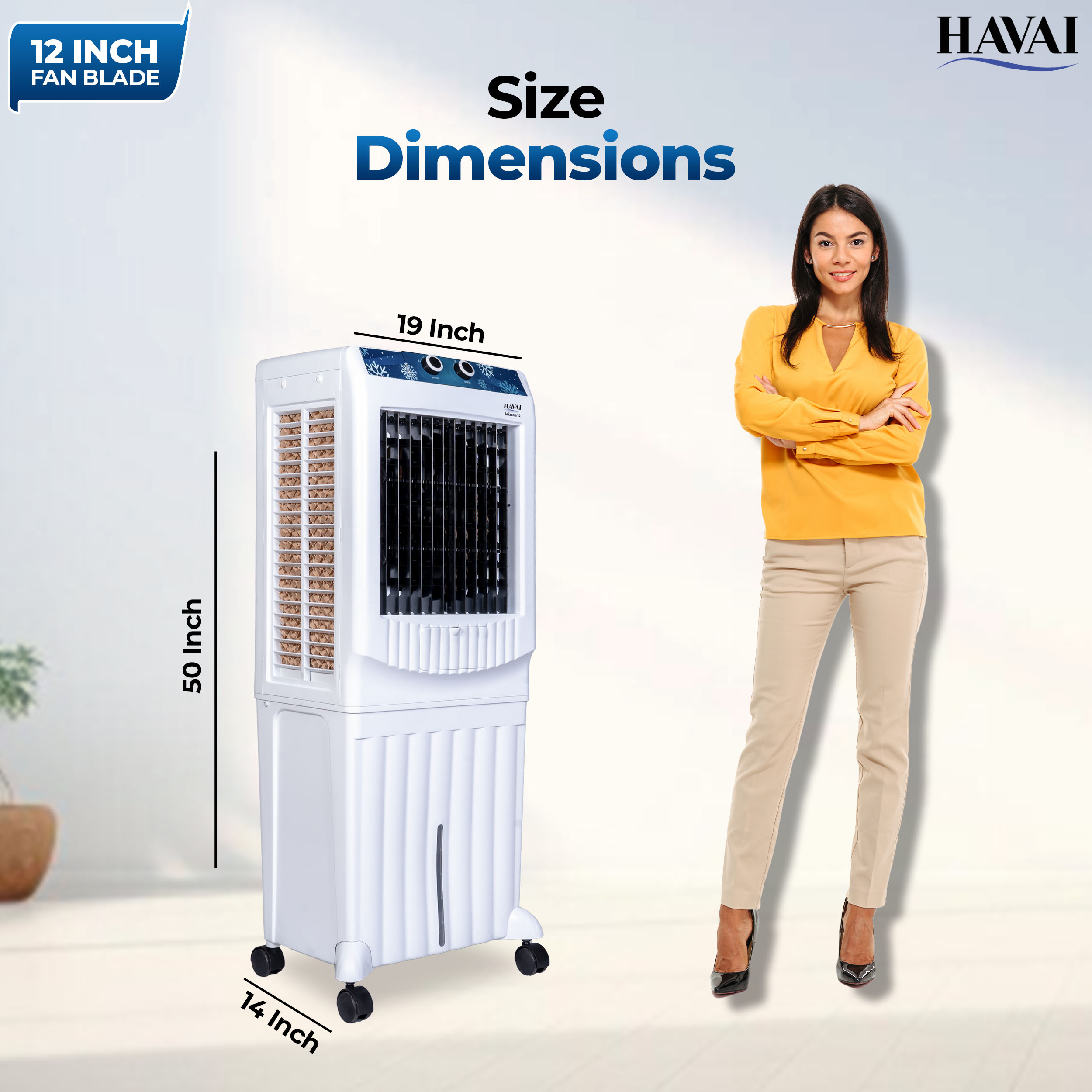 HAVAI Arizona 12 Personal Air Cooler | 12-Inch Fan | 60L Water Tank | Air Throw up to 8 Feet | 2000 m³/hr Air Delivery | 3-Side Honeycomb Pads | Motorised Louvers | Energy Efficient 120W | White
