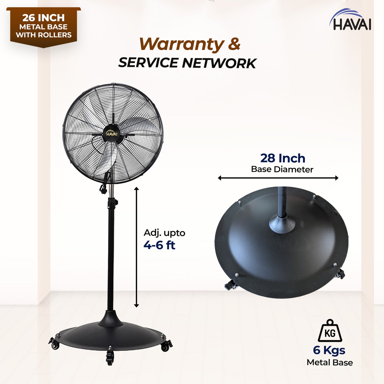 HAVAI 26-Inch Commercial BLDC Pedestal Fan (30–130W) | 2mm Aluminium Blades | Heavy-Duty Metal Base with 4 Lockable Industrial Wheels | Fingerproof Grill | High Airflow | 2-Year On-Site Warranty