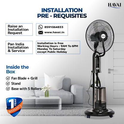 HAVAI RED 18" BLDC Mist Pedestal Fan – High-Speed, Remote &amp; Touch Control, 3.2L Tank, 80W Power, 350 Sq Ft Coverage, Easy Install, Black (Copy)
