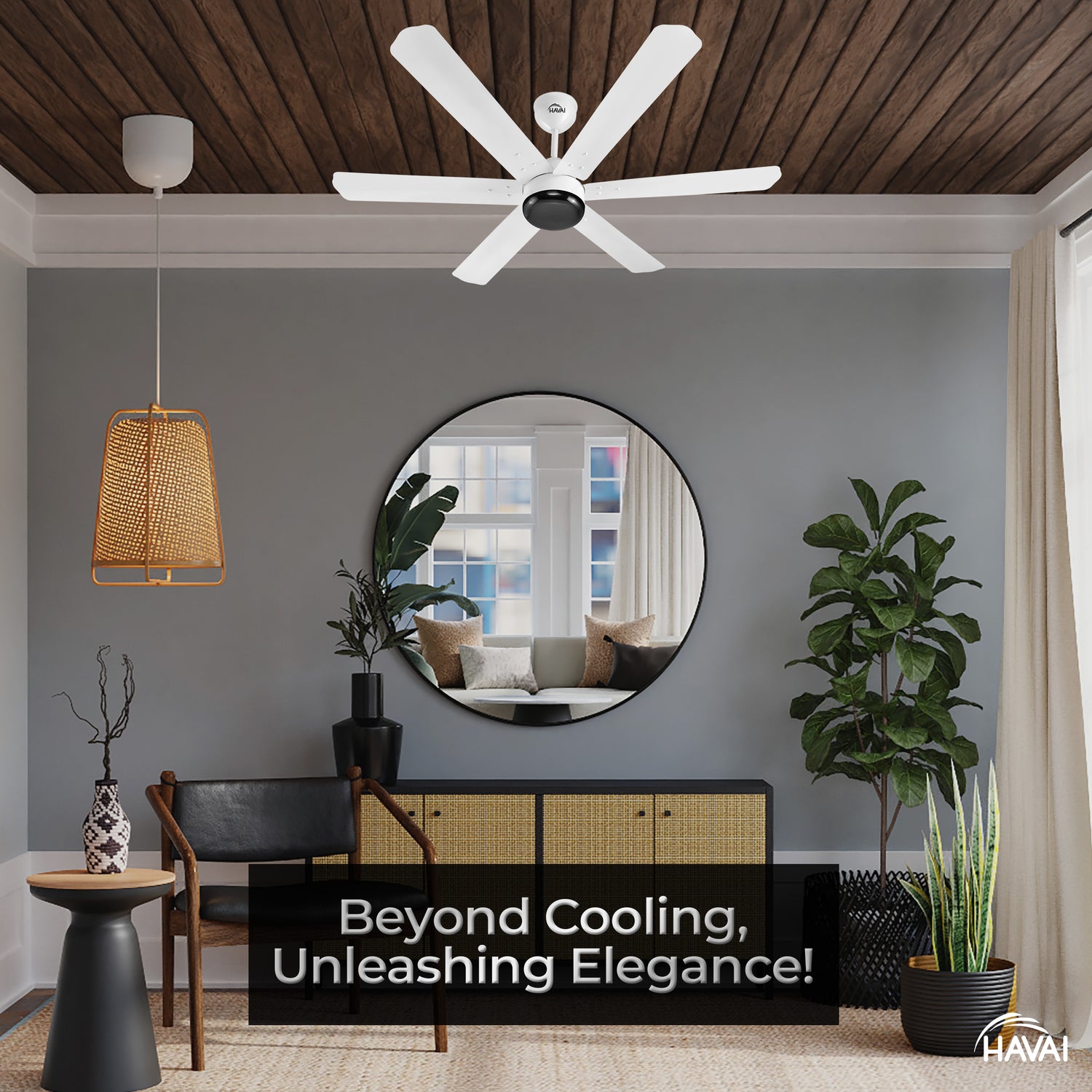 HAVAI Spinel BLDC Ceiling Fan - 6 Blades – Black Motor - 35W, 1200mm Blade with Remote – 0.5W LED (Pearl White)