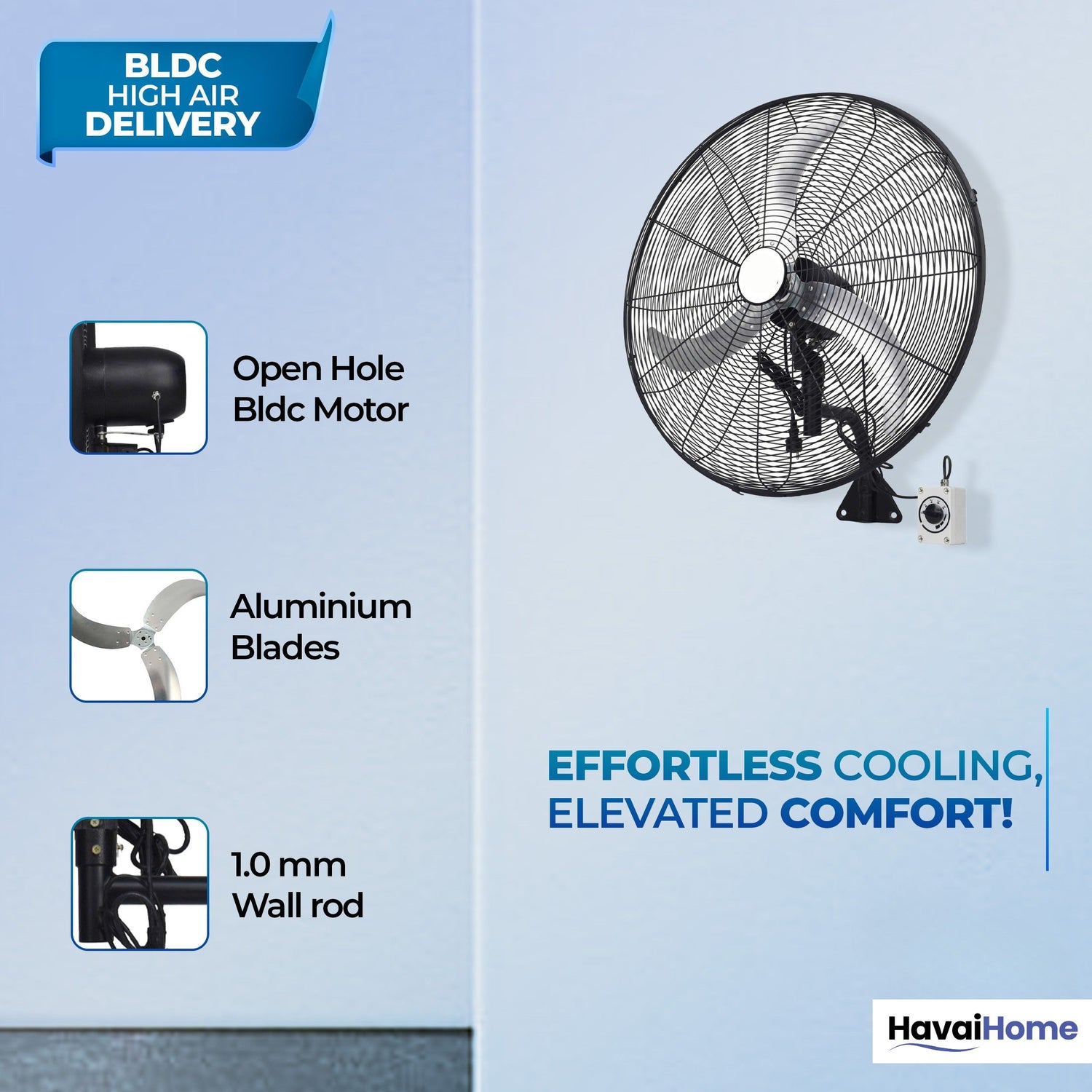 26" BLDC High-Speed Wall-Mount Fan – 3-Blade Design, Energy Efficient (20W-135W), 700-1400 RPM, 13,500 M³/Hr Airflow, 60-Foot Air Throw, 4-Speed Control, 2-Year Warranty