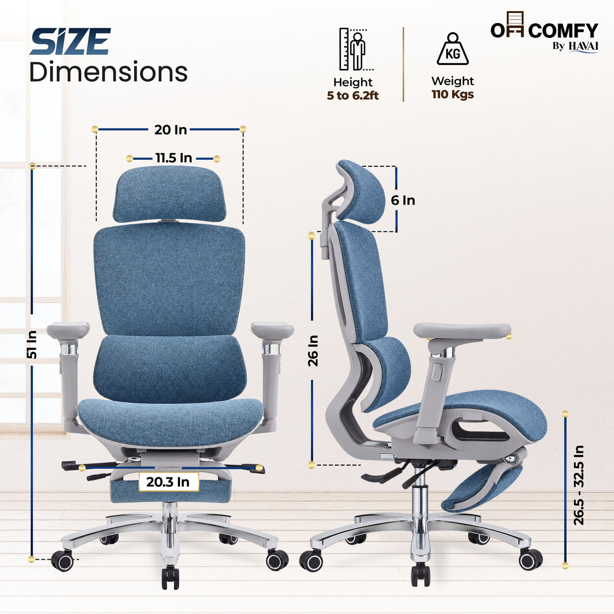 Havai Neo Pro Ergonomic Office Chair with Adjustable Lumbar &amp; Legrest | 3D Adjustable Armrests | Fully Cushioned Seat | Adjustable Headrest | Adjustable Backrest | Adjustable Lumbar Support | Reclining Function | Extendable Leg Rest | Ergonomic Design