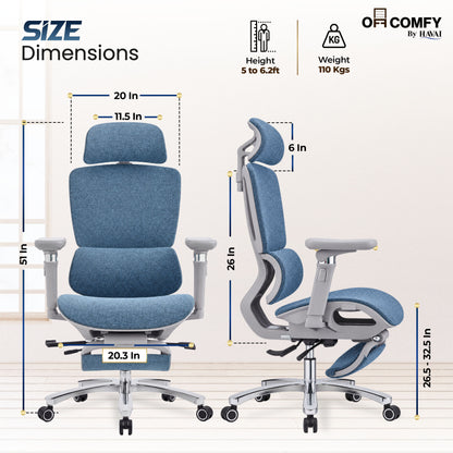 Havai Neo Pro Ergonomic Office Chair with Adjustable Lumbar &amp; Legrest | 3D Adjustable Armrests | Fully Cushioned Seat | Adjustable Headrest | Adjustable Backrest | Adjustable Lumbar Support | Reclining Function | Extendable Leg Rest | Ergonomic Design
