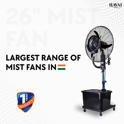 Havai 26″ Commercial Mist Fan with Adjustable Height Rod, 260W Copper Motor | 10m Spray | Manual Mist Control | Aluminium Blade | Finger-Proof Grill | 41L Tank | Fixed 6ft Height | 48-Hour Installation &amp; 1-Year Warranty
