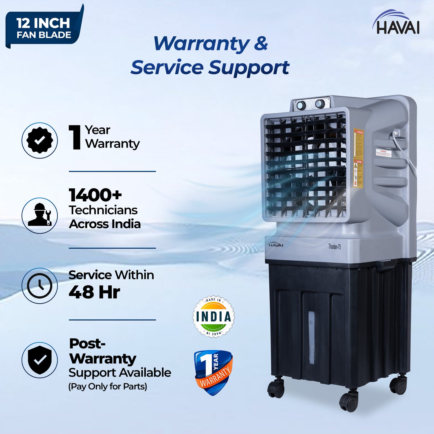 HAVAI Thunder-75 Tower Air Cooler | 70L Tank | 12″ Blade | Ideal for 150 sq ft Rooms | 130W Power | 10 ft Air Throw | 1350 RPM | Auto-Louver | 3-Speed | 1-Year On-Site Motor Warranty (Black &amp; Grey)