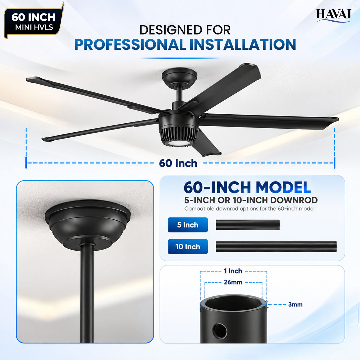 Havai Mini HVLS BLDC Ceiling Fan 60 Inch, 4200 CFM Commercial 50W BLDC Motor, 4,200 CFM Air Volume, 160 RPM, 650 Sq. Ft. Coverage, 5 Aluminium Blades, 18W 3-Colour Light, Remote