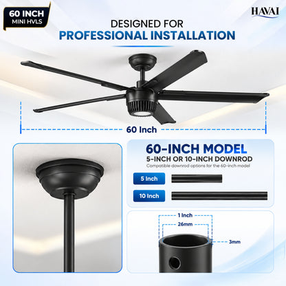Havai Mini HVLS BLDC Ceiling Fan 60 Inch, 4200 CFM Commercial 50W BLDC Motor, 4,200 CFM Air Volume, 160 RPM, 650 Sq. Ft. Coverage, 5 Aluminium Blades, 18W 3-Colour Light, Remote