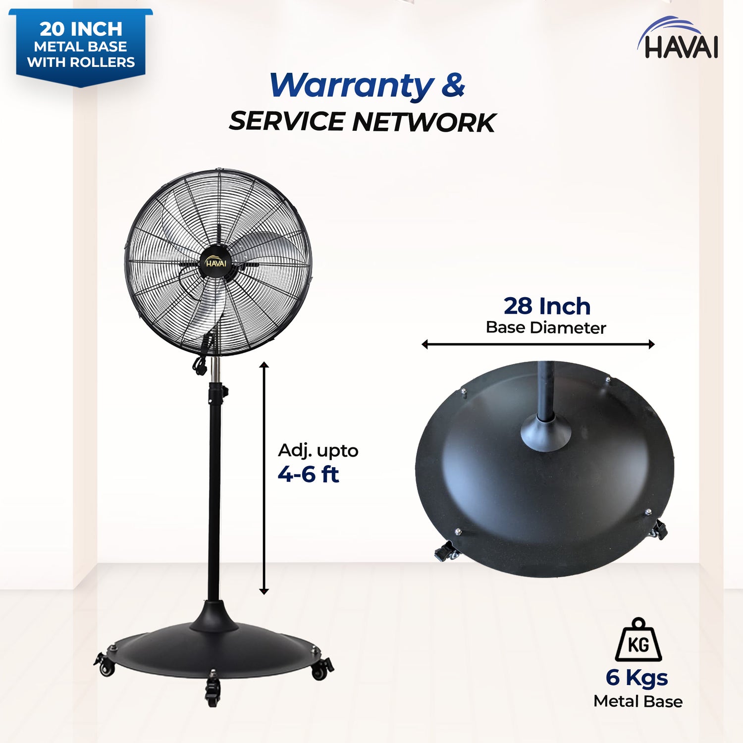 HAVAI 20-Inch Commercial BLDC Pedestal Fan (20–120W) | 2mm Aluminium Blades | Metal Base with 4 Lockable Industrial Wheels | Fingerproof Safety Grill | 4-Speed | 2-Year On-Site Warranty