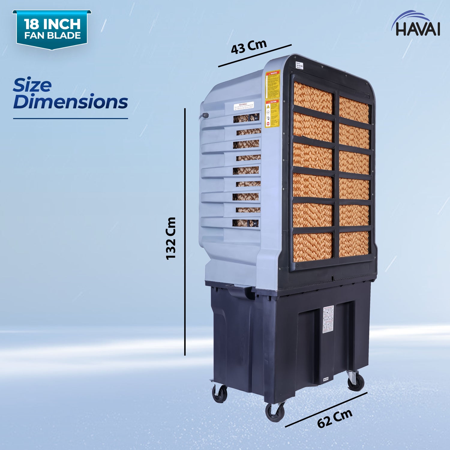 HAVAI Jumbo 18+ Massey Desert Cooler | 150L | 18-Inch Fan | Heavy-Duty 41mm Motor | 3-Side Honeycomb Pads | Auto Swing | Castor Wheels | 230V, 110W | White &amp; Grey