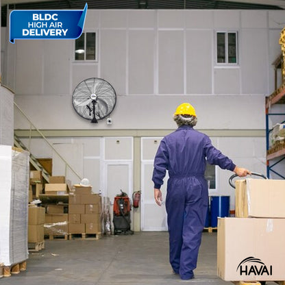 HAVAI 30&quot; BLDC High-Speed Wall-Mount Fan – 3-Blade Design, Energy Efficient (20W-135W), 700-1400 RPM, 18,000 M³/Hr Airflow, 75-Foot Air Throw, 4-Speed Control, 2-Year Warranty