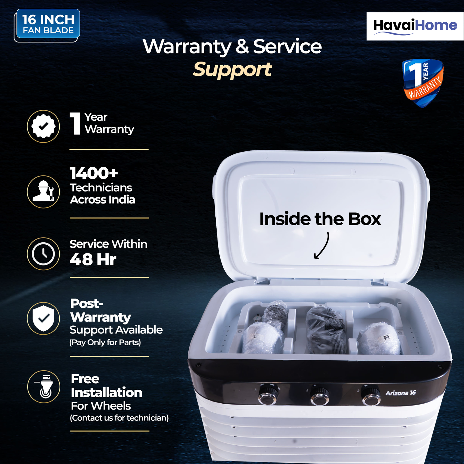 HAVAI Arizona 16 80L Desert Air Cooler with Ice Chamber | 16-Inch Aerodynamic Blade | 3-Side Thick Honeycomb Pads | 5 Castors for Extra Stability | 3300 m³/hr Air Delivery | 20 Ft Air Throw | 1 Year On-Site Warranty