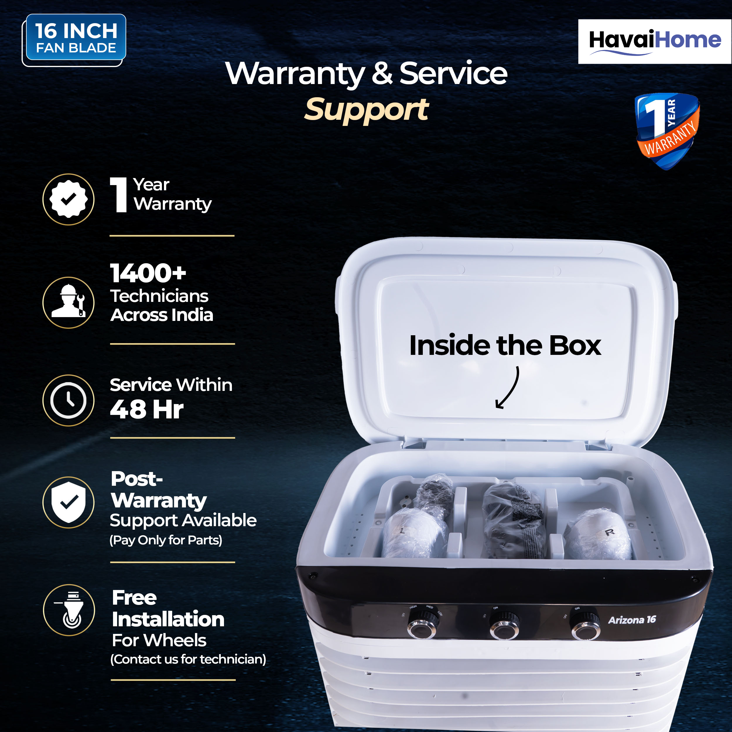 HAVAI Arizona 16 80L Desert Air Cooler with Ice Chamber | 16-Inch Aerodynamic Blade | 3-Side Thick Honeycomb Pads | 5 Castors for Extra Stability | 3300 m³/hr Air Delivery | 20 Ft Air Throw | 1 Year On-Site Warranty