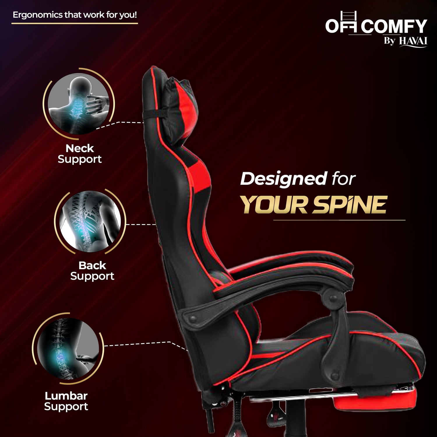 HAVAI Vortex Red Gaming Chair | Ergonomic High Back Computer Chair with Linkage Armrests | Reclining &amp; Folding Backrest | Premium 0.55mm PVC Upholstery | High Density Foam Cushion | Class 1 Gas Lift | 320mm Nylon Base | Heavy Duty Wheels | (Red &amp; Black)