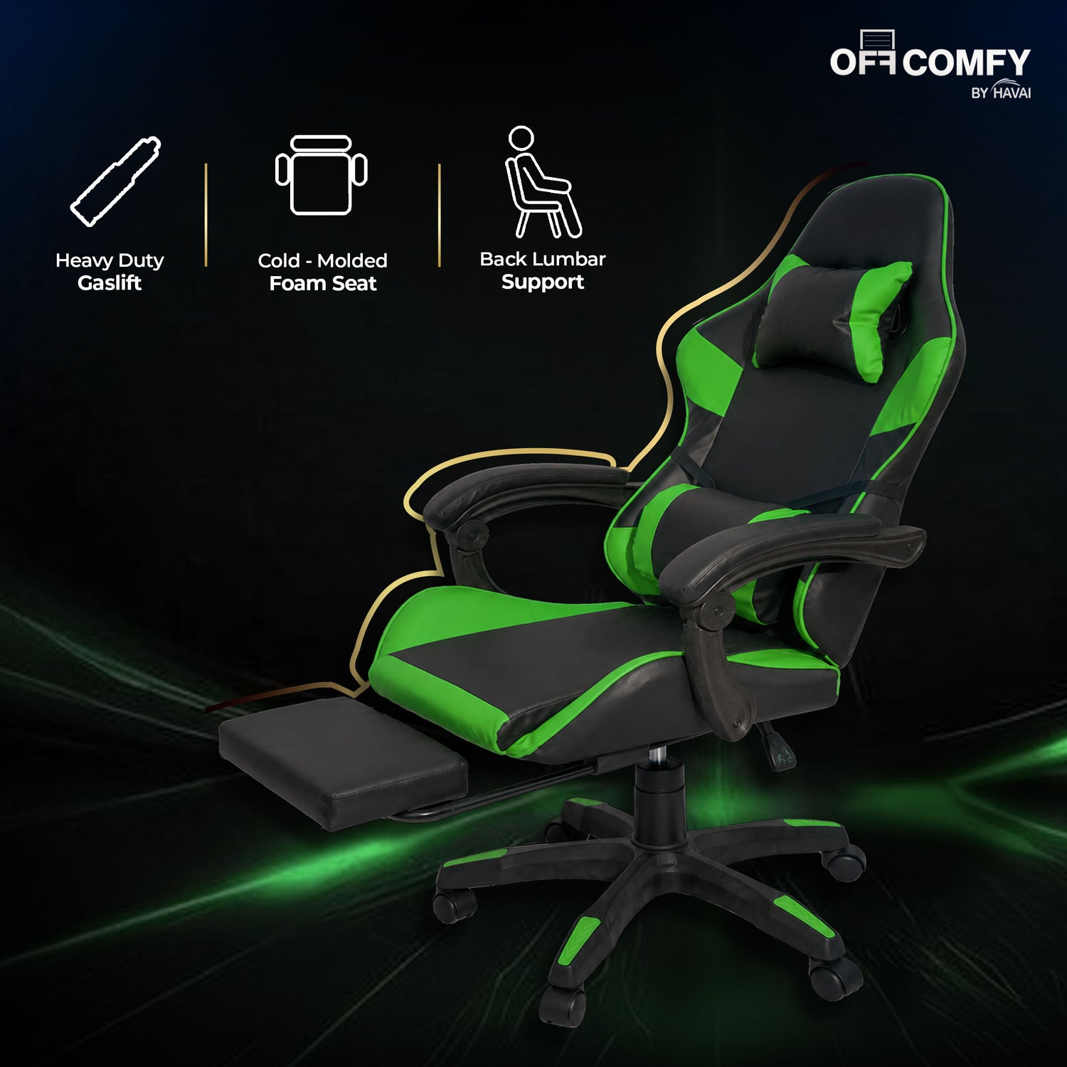HAVAI Vortex GREEN Gaming Chair | Ergonomic High Back Computer Chair with Linkage Armrests | Reclining &amp; Folding Backrest | Premium 0.55mm PVC Upholstery | High Density Foam Cushion | Class 1 Gas Lift | 320mm Nylon Base | (Green &amp; Black)
