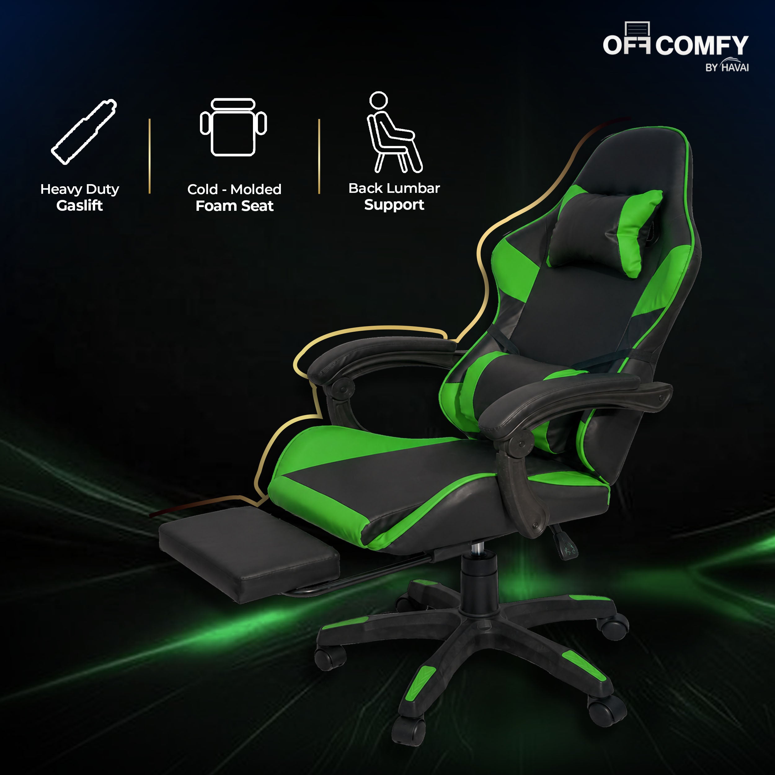 HAVAI Vortex GREEN Gaming Chair | Ergonomic High Back Computer Chair with Linkage Armrests | Reclining &amp; Folding Backrest | Premium 0.55mm PVC Upholstery | High Density Foam Cushion | Class 1 Gas Lift | 320mm Nylon Base | (Green &amp; Black)