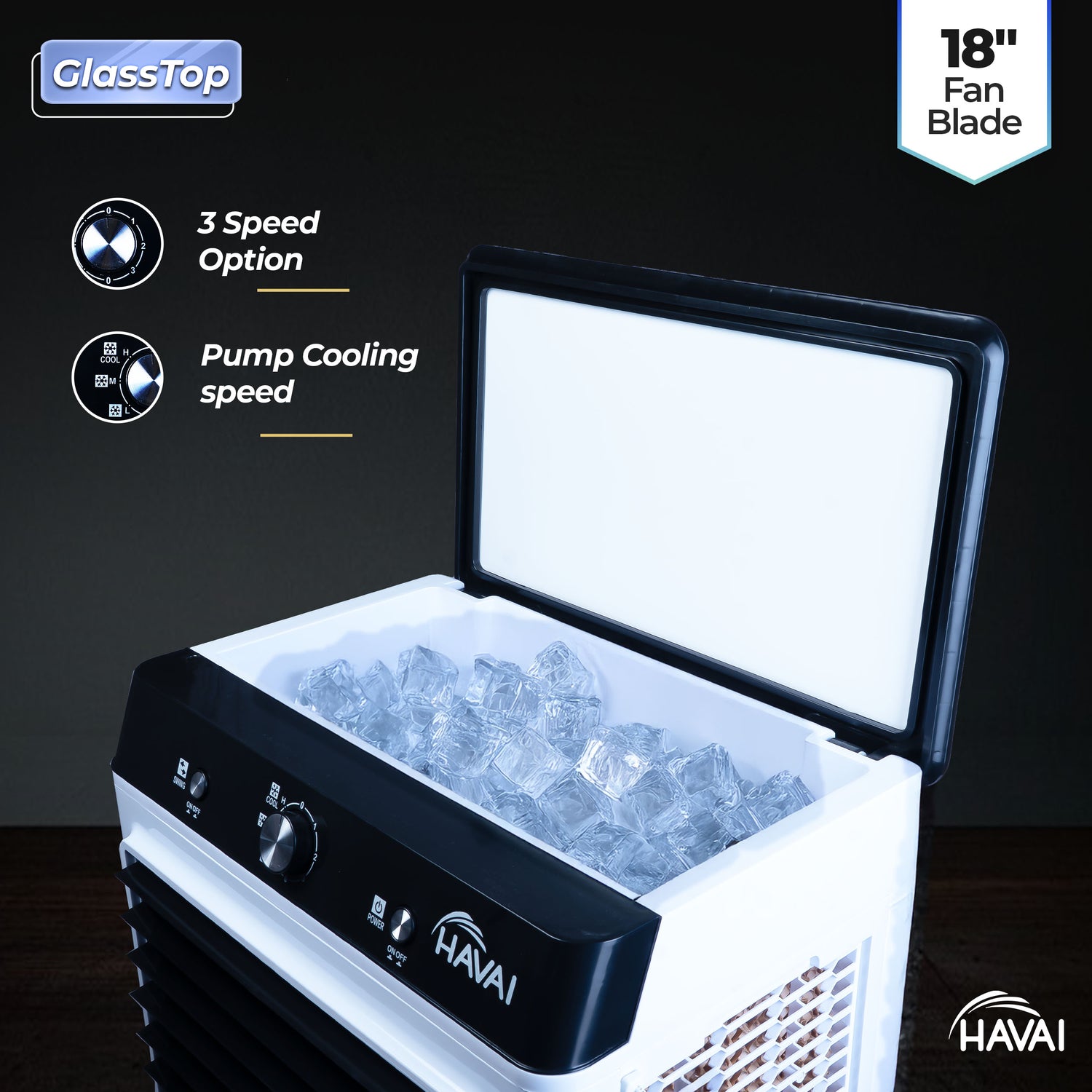 HAVAI Premium Glass Top GT 18 Air Cooler | 90L Tank Capacity | 18&quot; Fan Blade | 250W Power | 75ft Air Throw | 3-Side Honeycomb Cooling | Sleek Glass Top Design | 4 Castor Wheels