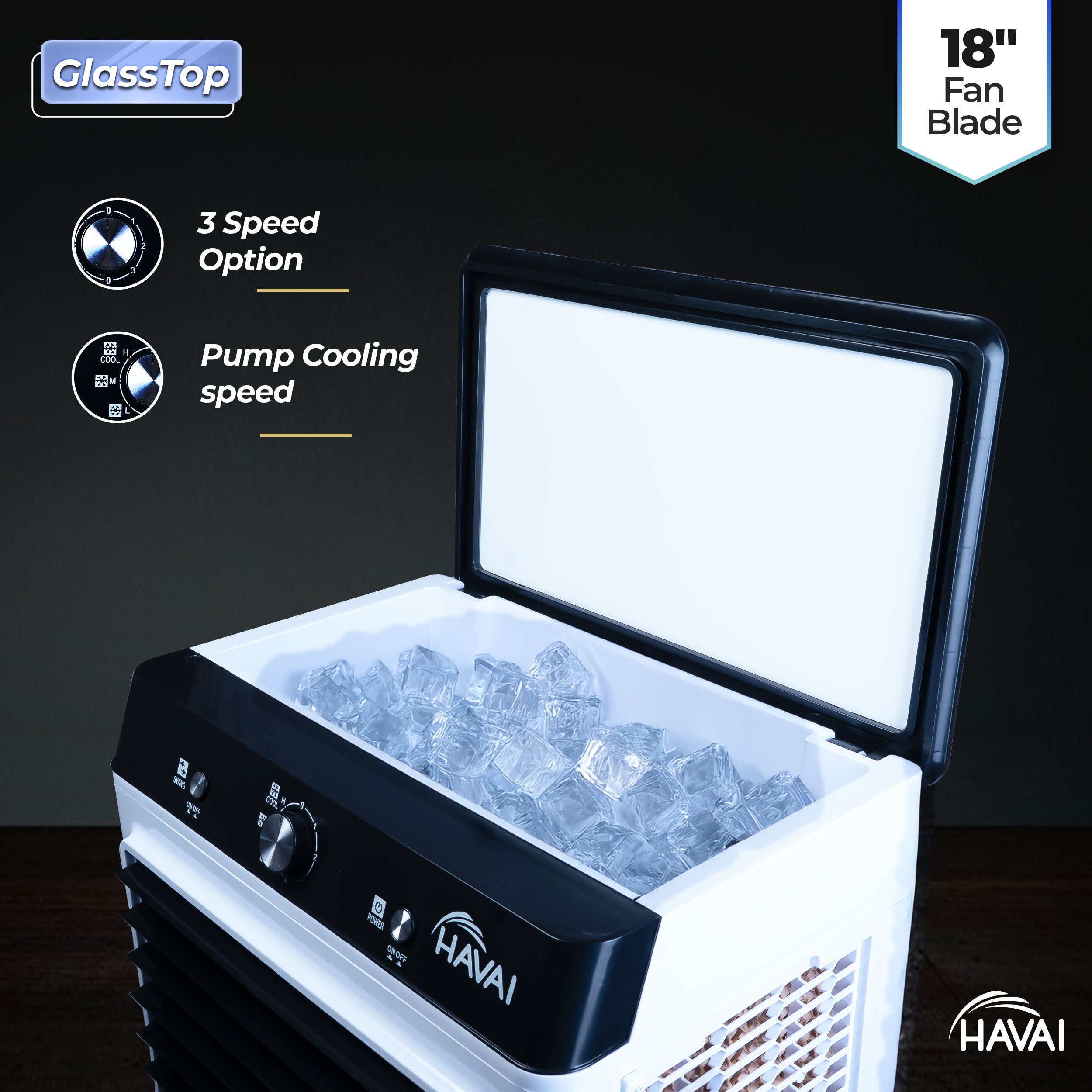 HAVAI Premium Glass Top GT 18 Air Cooler | 90L Tank Capacity | 18&quot; Fan Blade | 250W Power | 75ft Air Throw | 3-Side Honeycomb Cooling | Sleek Glass Top Design | 4 Castor Wheels