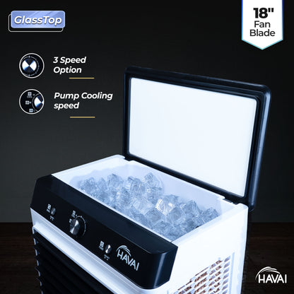 HAVAI Premium Glass Top GT 18 Air Cooler | 90L Tank Capacity | 18&quot; Fan Blade | 250W Power | 75ft Air Throw | 3-Side Honeycomb Cooling | Sleek Glass Top Design | 4 Castor Wheels