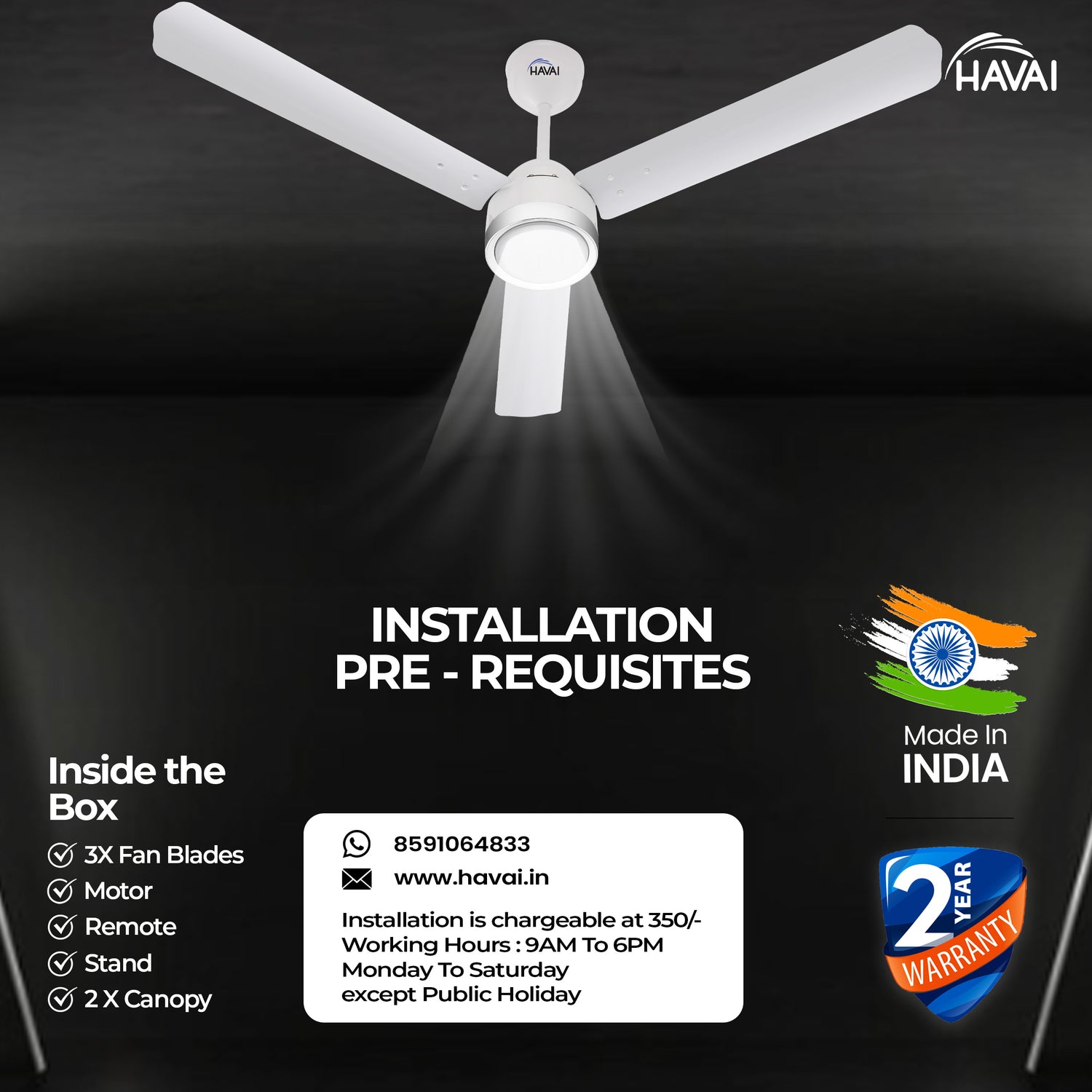 HAVAI Spinel BLDC Ceiling Fan with Decorative Ring | 1200mm, 3 Blades, 27W | Remote Control &amp; 9W LED Light | 2 Years Warranty | Pearl White