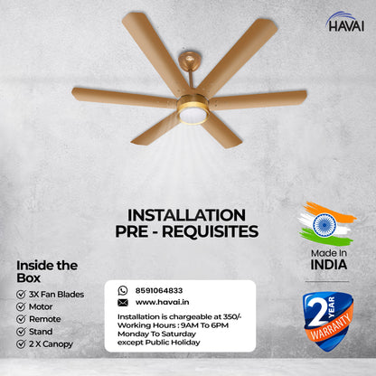 HAVAI Spinel BLDC Ceiling Fan with Decorative Ring | 1200mm, 6 Blades, 25W | Remote Control &amp; 9W LED Light | 2 Years Warranty | Champagne Yellow