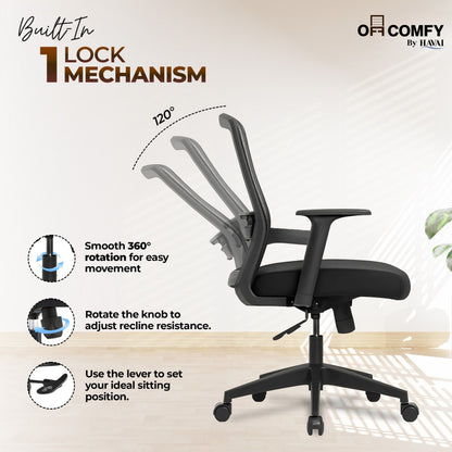 HAVAI Ergolite Mid Back Ergonomic Mesh Office Chair |  One Lock Tilt Mechanism | Fixed Armrests | Nylon Base |  Breathable Mesh Back (Black)