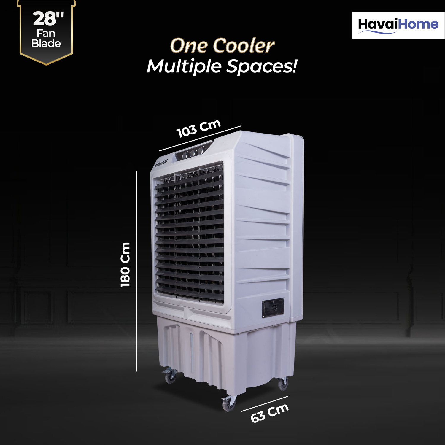 HAVAI Arizona 28 Industrial &amp; Commercial Air Cooler | 28-Inch Engineered 3-Leaf Blade | 10,000 m³/hr Air Delivery | 150L Tank | 500W Motor | 40 Ft Air Throw | Covers 700 Sq. Ft. | Finger Pull Drain Plug | 1-Year Warranty