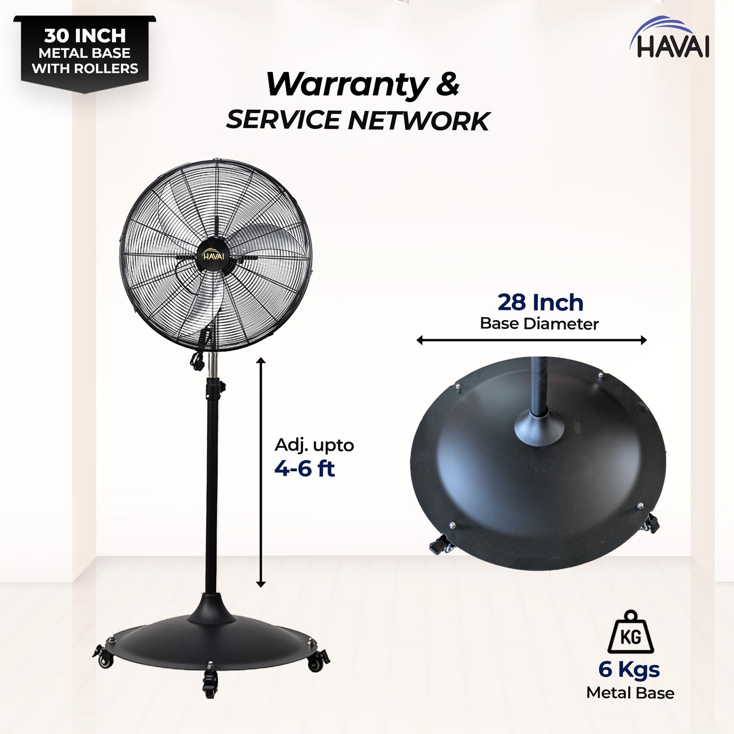 HAVAI 30-Inch Commercial BLDC Pedestal Fan (30–135W) | 2mm Aluminium Blades | Heavy-Duty Metal Base with 4 Lockable Industrial Wheels | High Air Delivery | Fingerproof Safety | 2-Year On-Site Warranty
