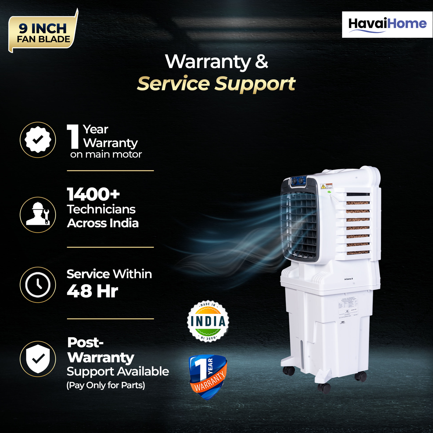 HAVAI Arizona 9 Personal Air Cooler | 9-Inch Blade | 25L Tank | 3-Side Honeycomb Pads | Motorised Louvers | White