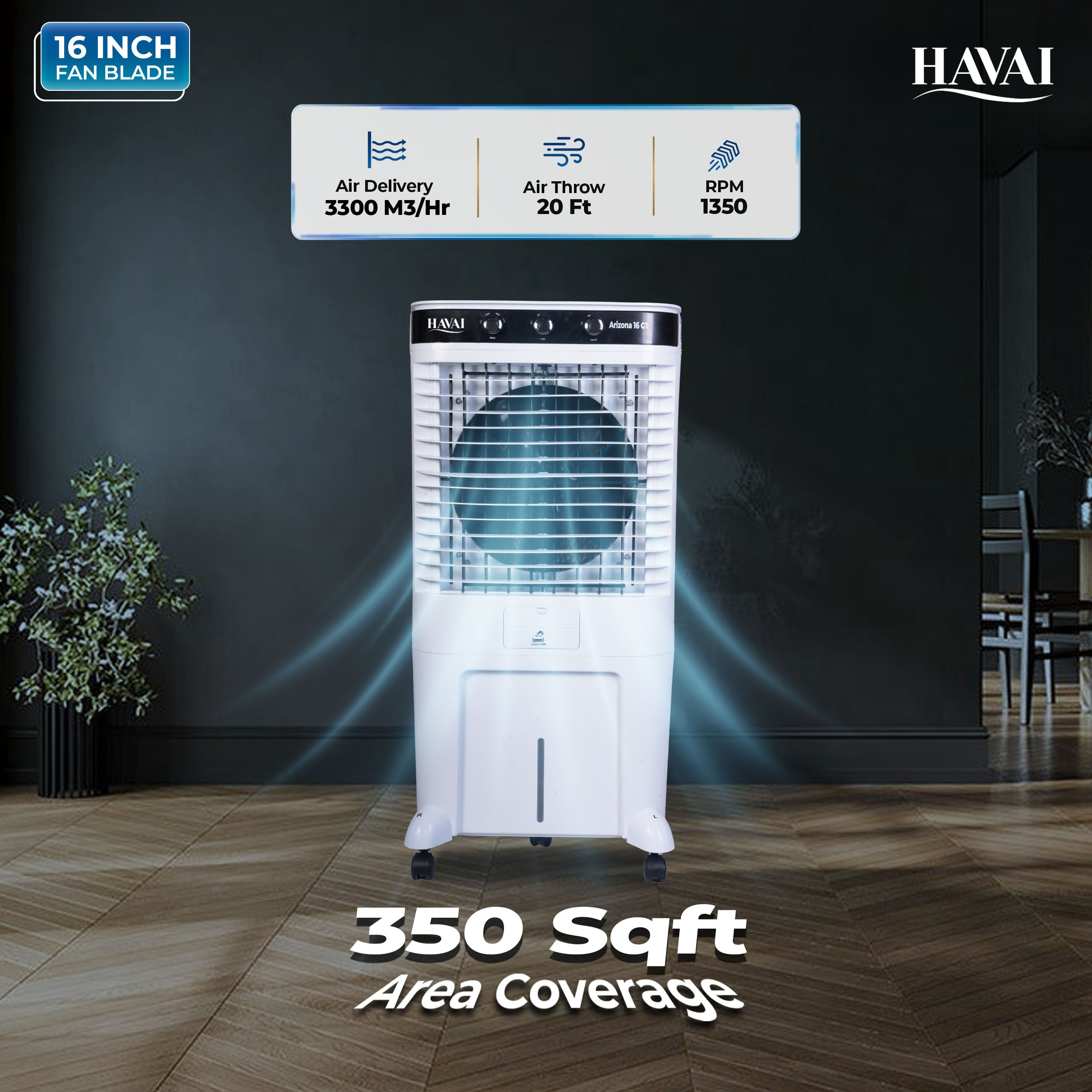 HAVAI Arizona 16 GT Desert Air Cooler | 80L Tank | 16” Aerodynamic Fan | 3-Side Thick Honeycomb | Glass Top with Ice Chamber | Smart Dust-Filter Inlet | 5 Castors | 3300 m³/hr | 1 Year On-Site Warranty