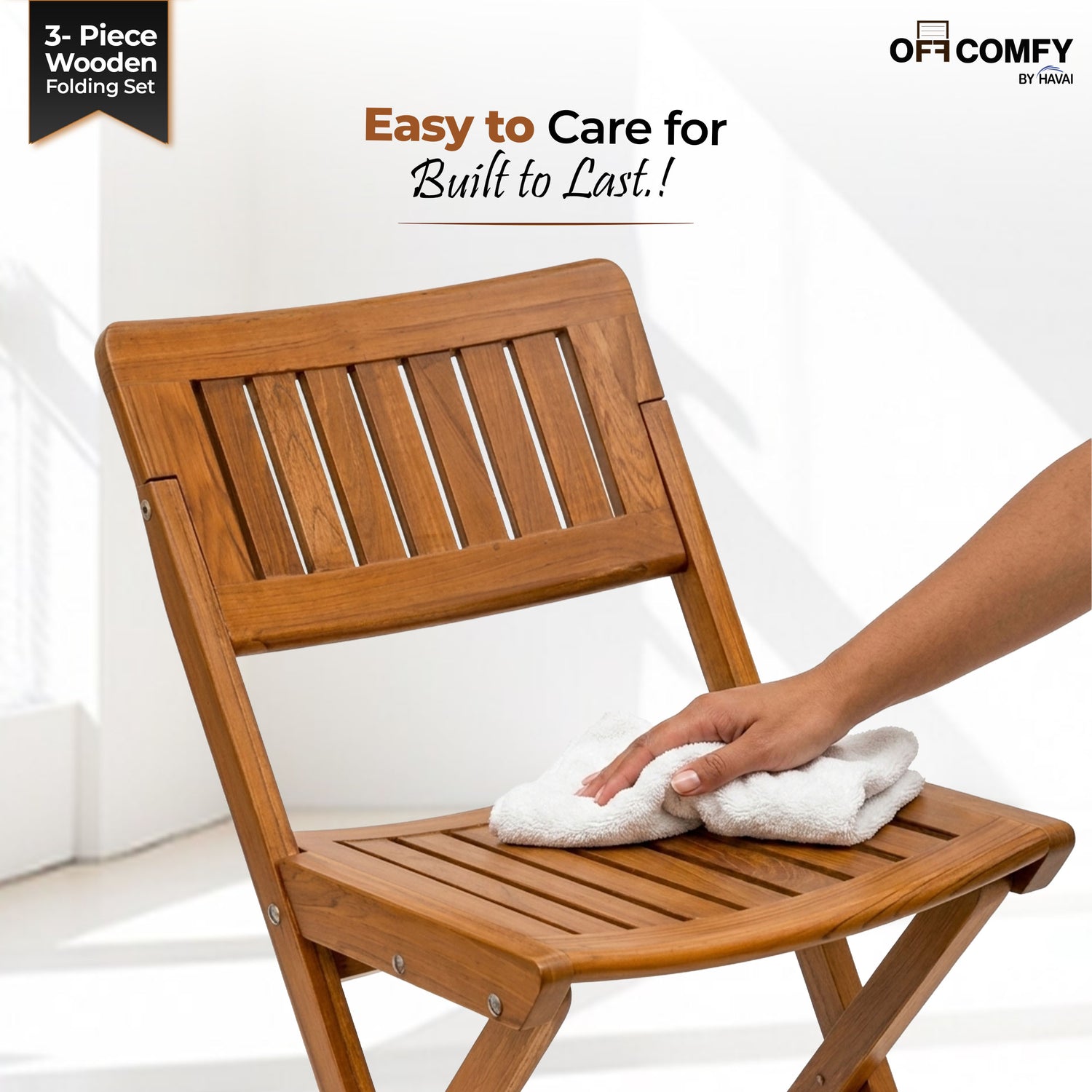 HAVAI Teakwood Foldable Balcony Furniture Set | 2 Chairs &amp; 1 Table | Premium Solid Teak Wood Outdoor Patio Set | Garden, Balcony, Terrace &amp; Cafe Furniture | Pre-Assembled Natural Wood Finish (BROWN)