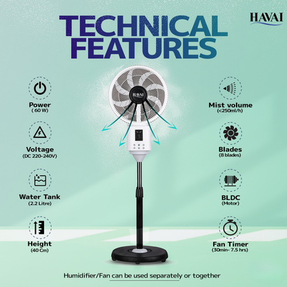 BLU X BLDC Mist Pedestal Fan – 16” Residential BLDC Mist Fan|Low Noise|Remote and Touch Enabled|2.2 Litre Detachable Tank | Installation Included (White, Pack of 1)