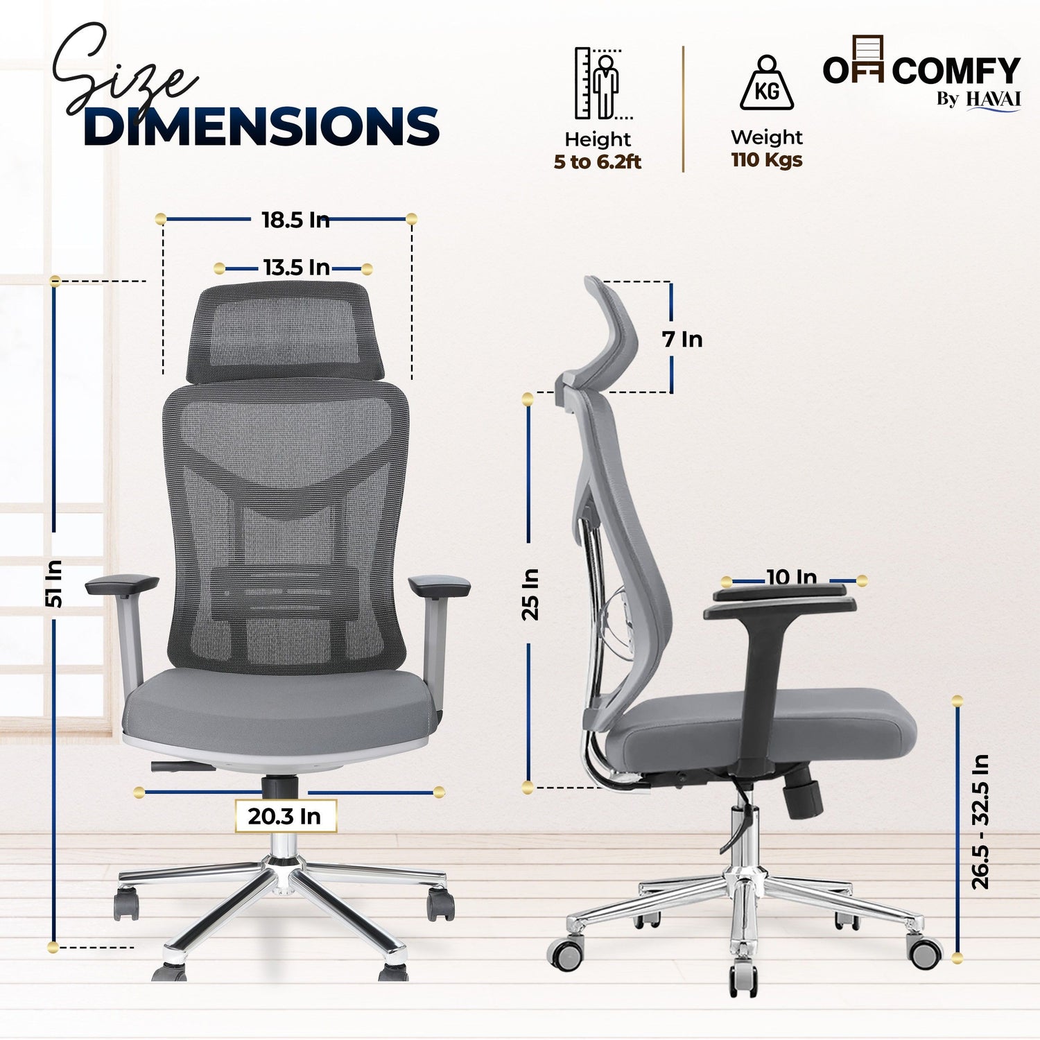 HAVAI Pulse High Back Ergonomic Mesh Office Chair |  Multi-Lock Tilt Mechanism | Chrome Base| Breathable Mesh Back | Fixed Headrest (Grey)