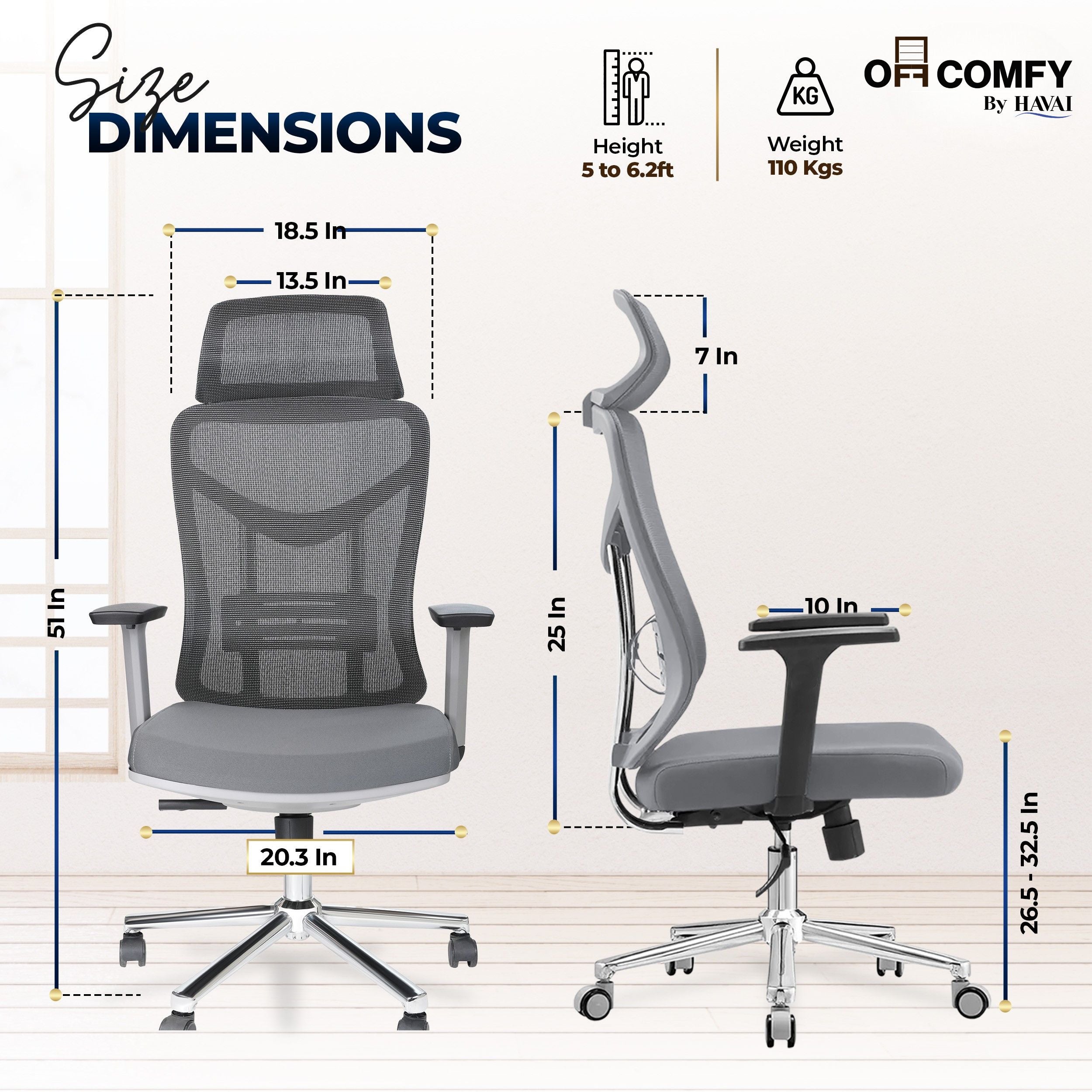 HAVAI Pulse High Back Ergonomic Mesh Office Chair |  Multi-Lock Tilt Mechanism | Chrome Base| Breathable Mesh Back | Fixed Headrest (Grey)