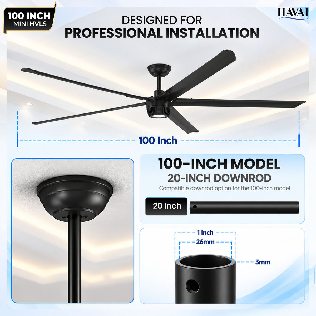 Havai Mini HVLS BLDC Ceiling Fan 100 Inch, 4500 CFM Commercial 88W BLDC Motor, 4,500 CFM Air Volume, 90 RPM, 1,600 Sq. Ft. Coverage, 5 Aluminium Blades, 18W 3-Colour Light, Remote