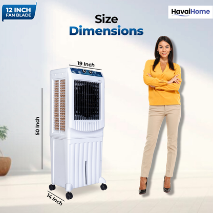 HAVAI Arizona 12 Personal Air Cooler | 12-Inch Fan | 60L Water Tank | Air Throw up to 8 Feet | 2000 m³/hr Air Delivery | 3-Side Honeycomb Pads | Motorised Louvers | Energy Efficient 120W | White