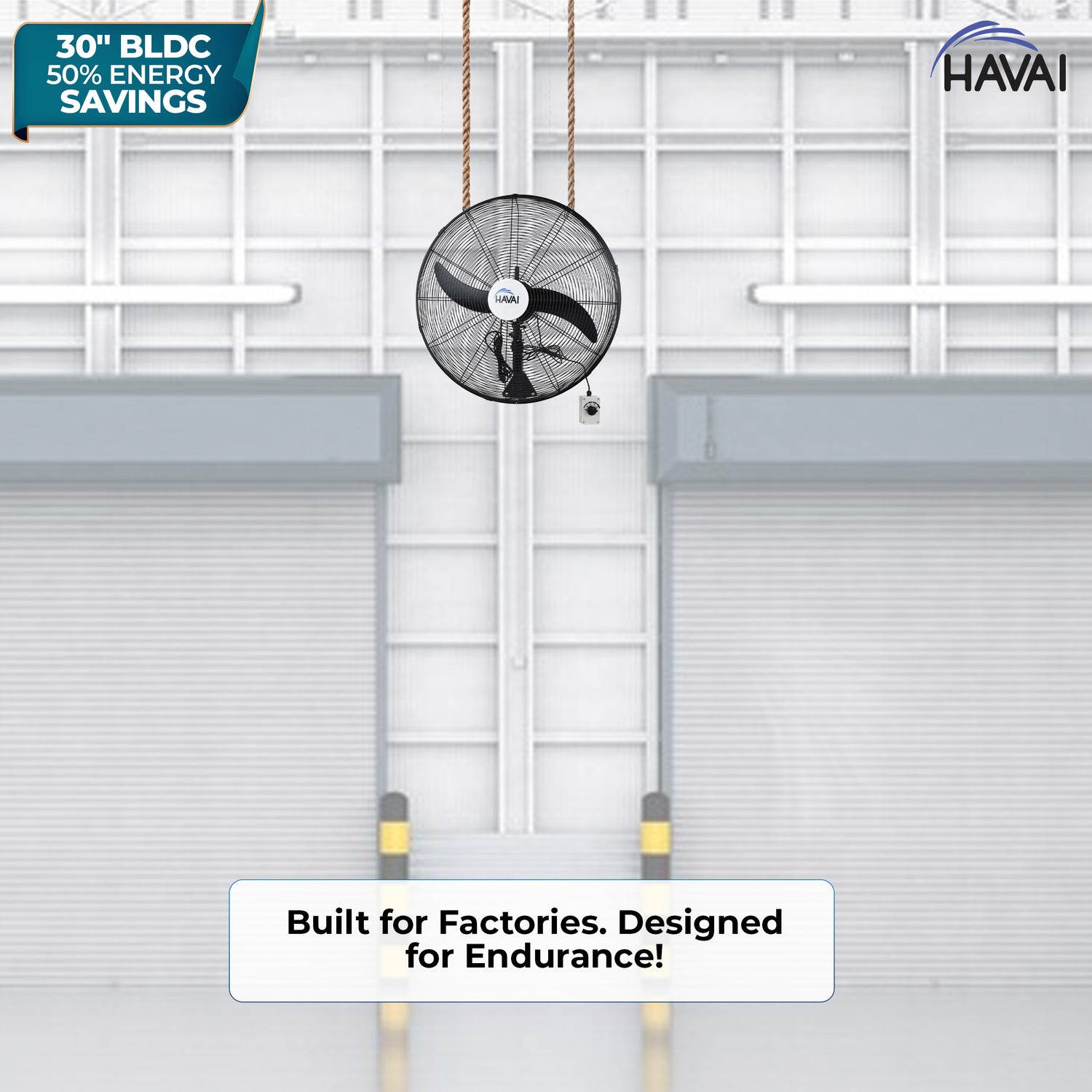 Havai BLDC Wall Mount Fan 30 Inch, 50% Savings On Electricity, High Velocity, Heavy Duty Metal For Industrial, Commercial And Residential Use, Assembly Included , Black